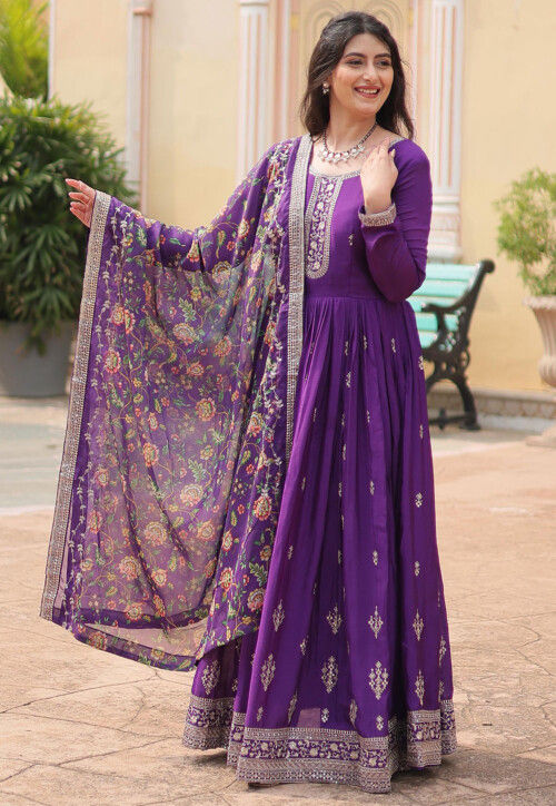 Embroidered Chinon Chiffon Abaya Style Suit in Purple