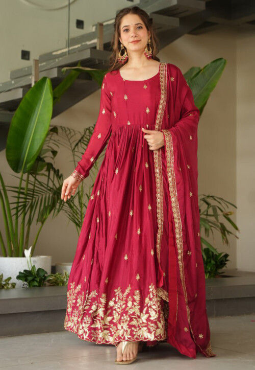 Embroidered Chinon Chiffon Abaya Style Suit in Red