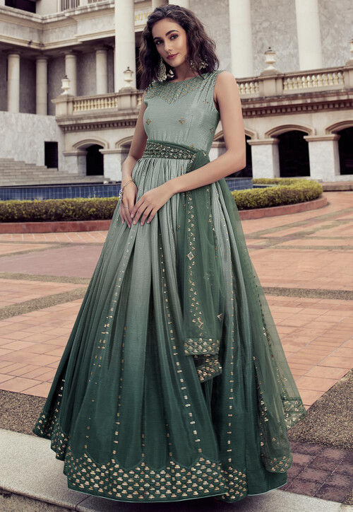 Embroidered Chinon Chiffon Abaya Style Suit in Shaded Green