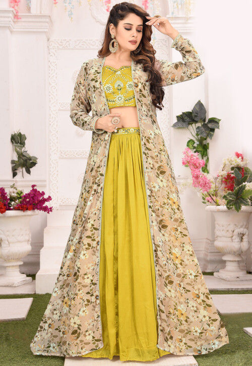 Yellow Lehenga In Tussar Silk And Crop Top With Matching Embroidered Net  Jacket Online - Kalki Fashion | Fashion design dress, Mehendi outfits,  Fashion design clothes
