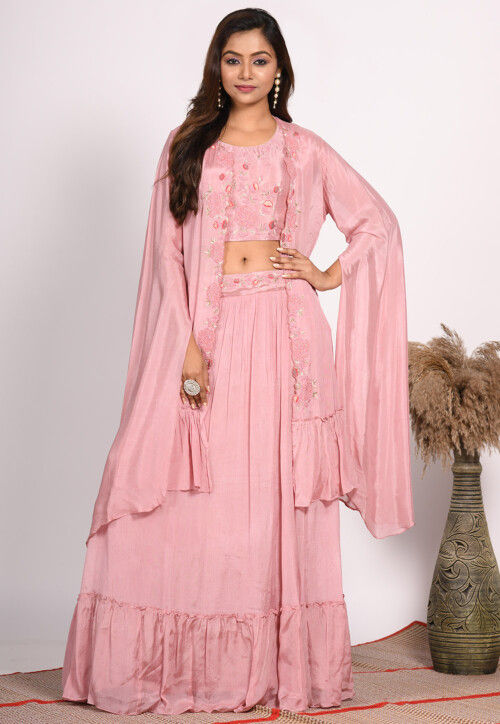 Embroidered Chinon Chiffon Crop Top Set in Pink