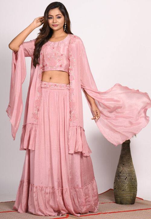 Embroidered Chinon Chiffon Crop Top Set in Pink