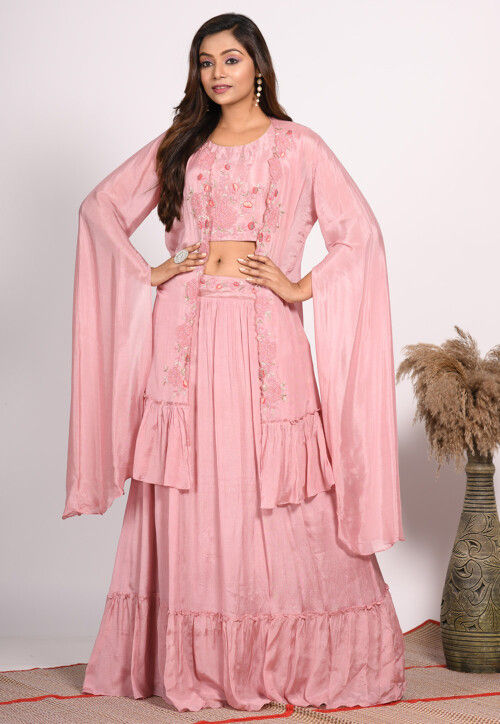 Embroidered Chinon Chiffon Crop Top Set in Pink