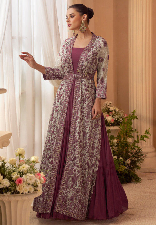 Embroidered Chinon Chiffon Gown in Purple