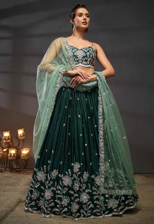 Embroidered Chinon Chiffon Lehenga in Dark Green