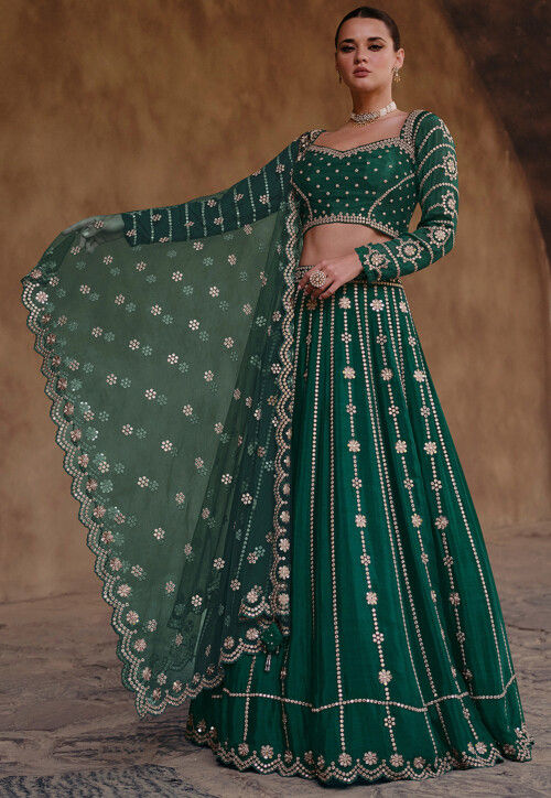 Embroidered Chinon Chiffon Lehenga in Dark Green