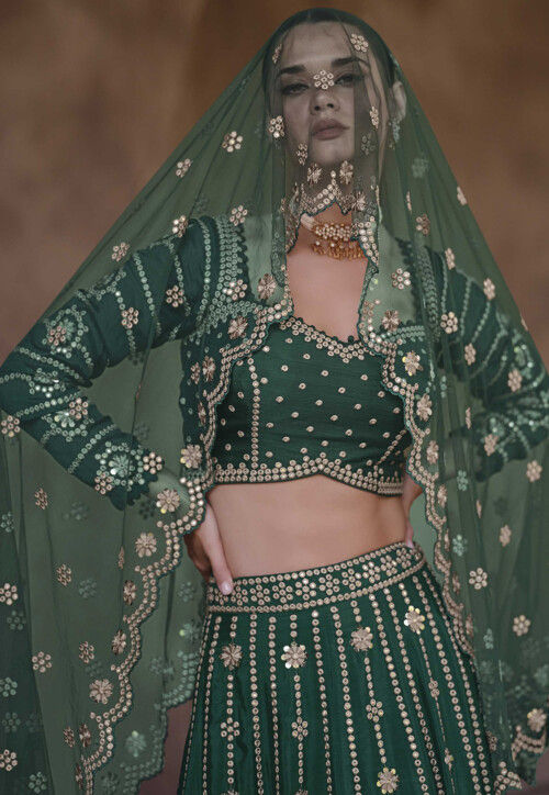 Embroidered Chinon Chiffon Lehenga in Dark Green