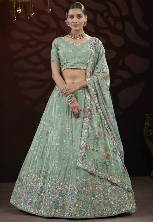 Embroidered Chinon Chiffon Lehenga in Dusty Green