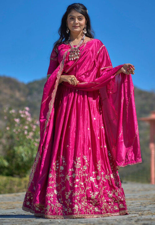 Embroidered Chinon Chiffon Lehenga in Fuchsia