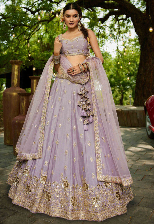 Embroidered Chinon Chiffon Lehenga in Light Purple
