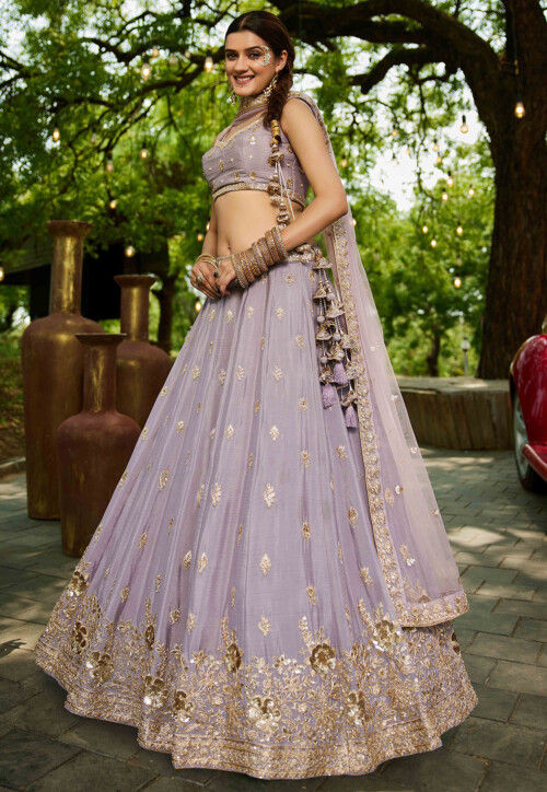 Embroidered Chinon Chiffon Lehenga in Light Purple