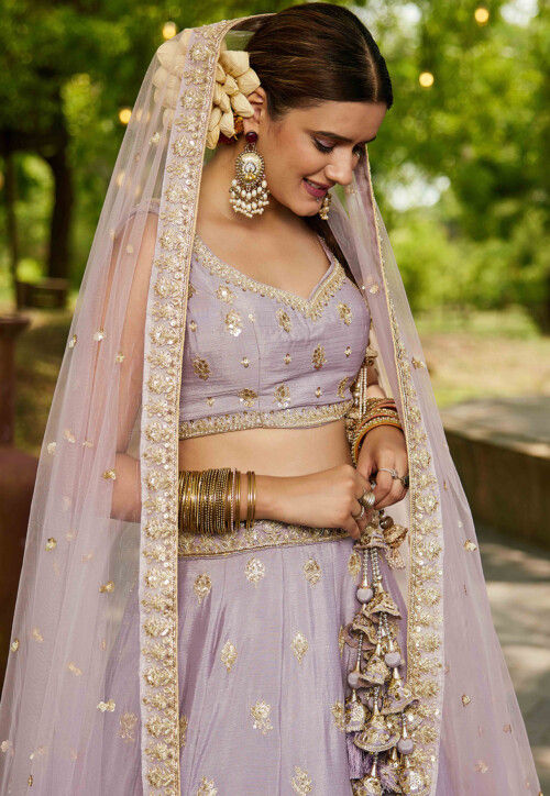 Embroidered Chinon Chiffon Lehenga in Light Purple