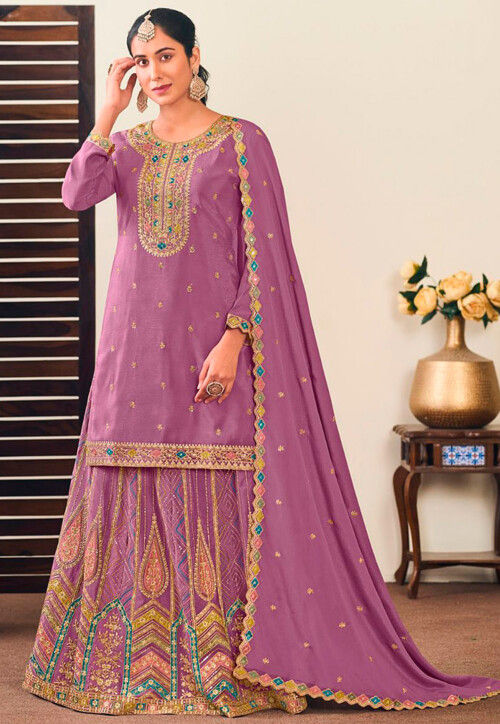Embroidered Chinon Chiffon Lehenga in Light Purple