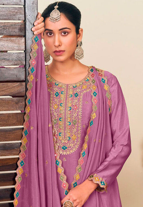 Embroidered Chinon Chiffon Lehenga in Light Purple