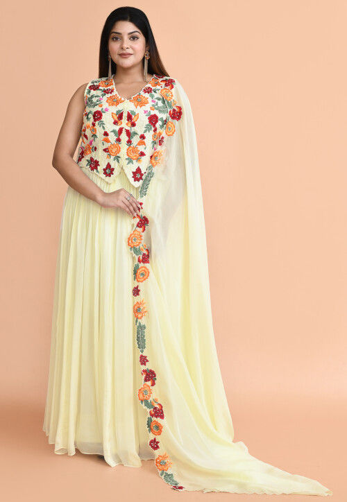 Embroidered Chinon Chiffon Lehenga in Light Yellow