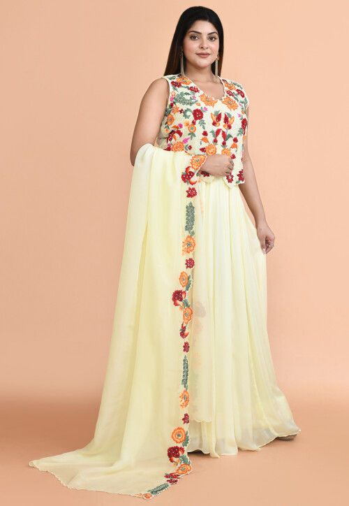 Embroidered Chinon Chiffon Lehenga in Light Yellow