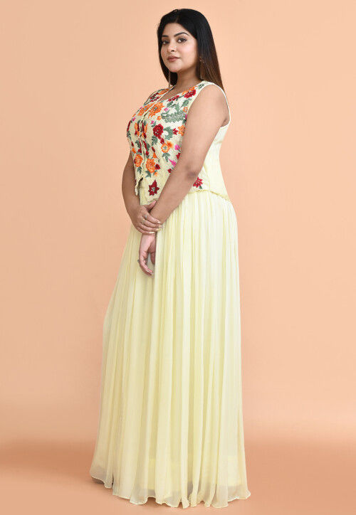 Embroidered Chinon Chiffon Lehenga in Light Yellow