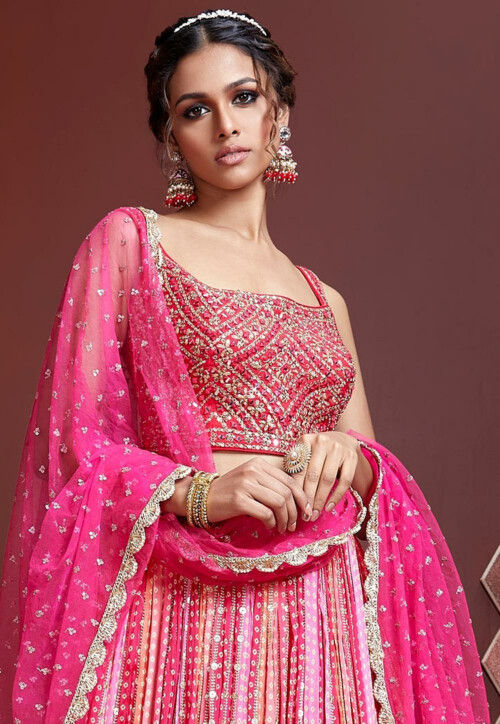 Buy Embroidered Chinon Chiffon Lehenga in Pink Online : LCZ102