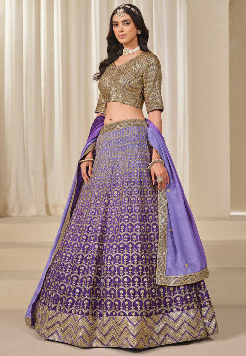 Embroidered Chinon Chiffon Lehenga in Purple Ombre