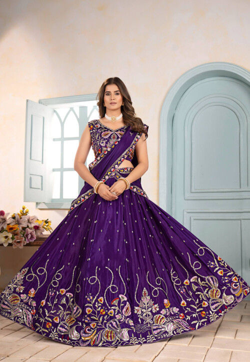 Embroidered Chinon Chiffon Lehenga in Purple