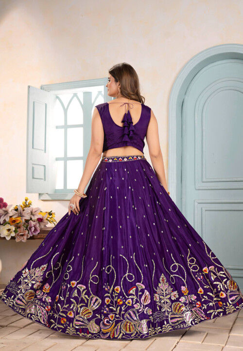 Embroidered Chinon Chiffon Lehenga in Purple