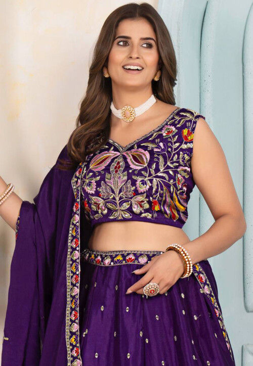 Embroidered Chinon Chiffon Lehenga in Purple