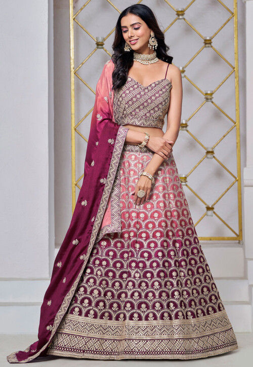 Embroidered Chinon Chiffon Lehenga in Shaded Peach and Wine