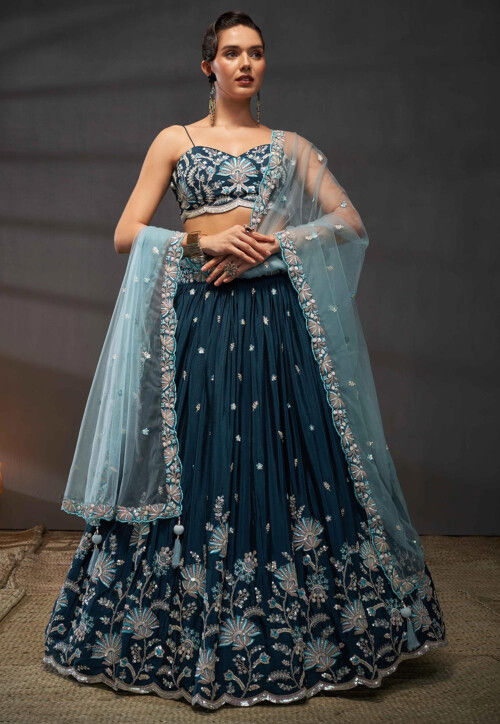 Embroidered Chinon Chiffon Lehenga in Teal Blue