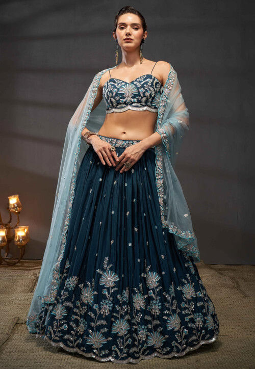 Embroidered Chinon Chiffon Lehenga in Teal Blue