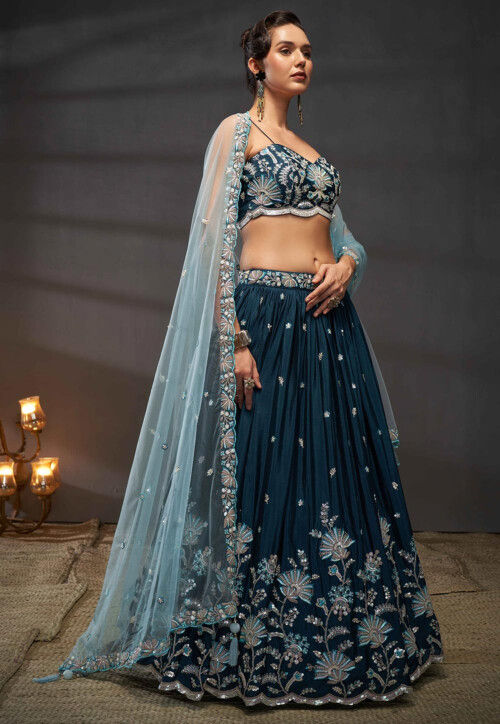 Embroidered Chinon Chiffon Lehenga in Teal Blue