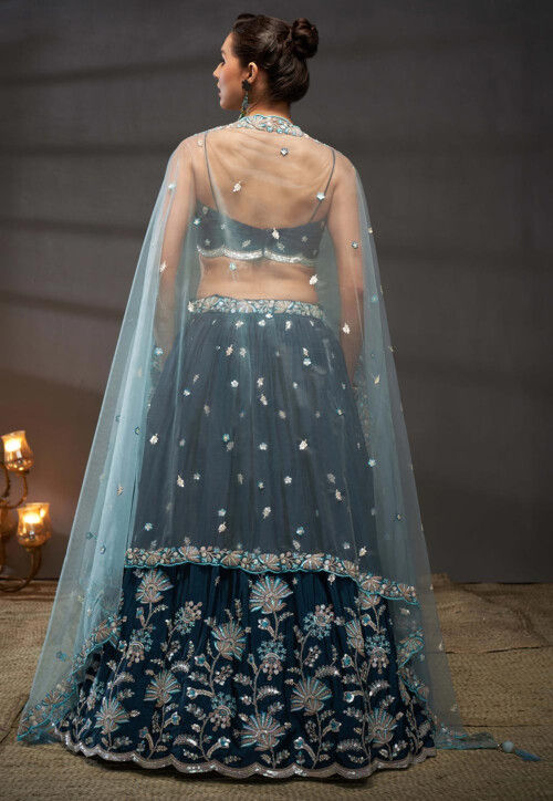 Embroidered Chinon Chiffon Lehenga in Teal Blue