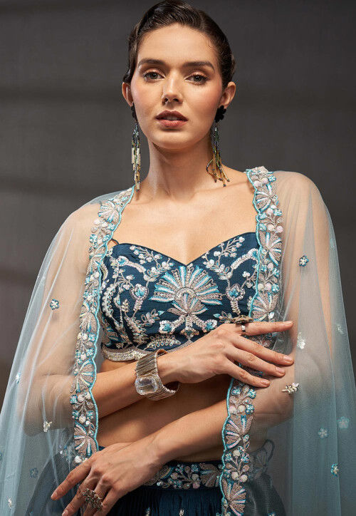 Embroidered Chinon Chiffon Lehenga in Teal Blue
