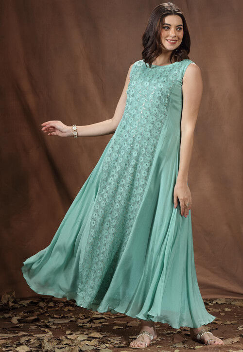 Sea green hue designer gown | Gowns for girls, Gowns, Gowns online shopping