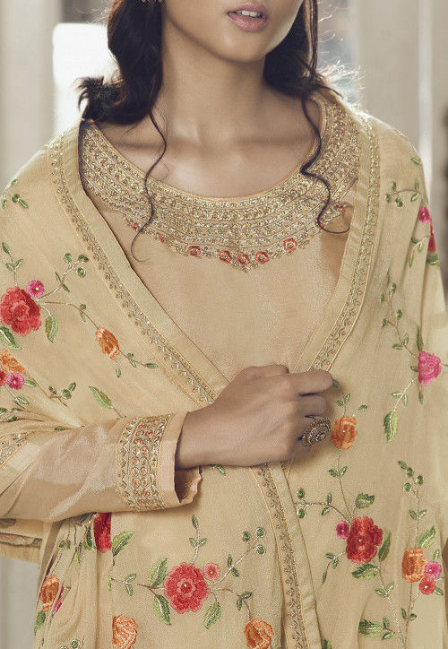 Embroidered Chinon Chiffon Pakistani Suit In Beige Kch7058 2596