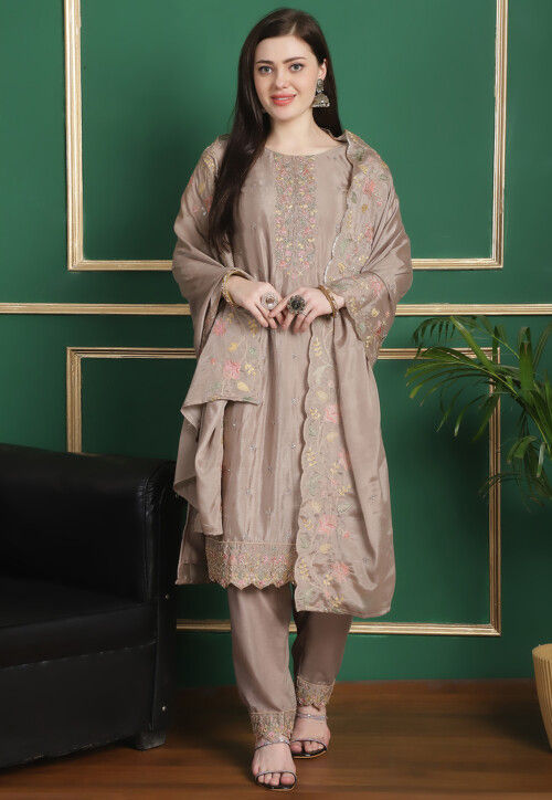Embroidered Chinon Chiffon Pakistani Suit in Beige