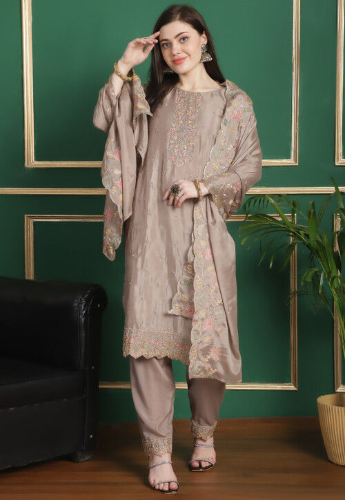 Embroidered Chinon Chiffon Pakistani Suit in Beige