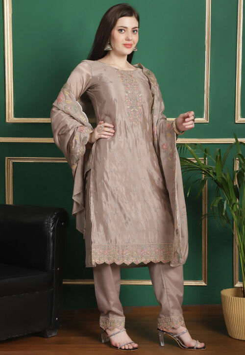 Embroidered Chinon Chiffon Pakistani Suit in Beige