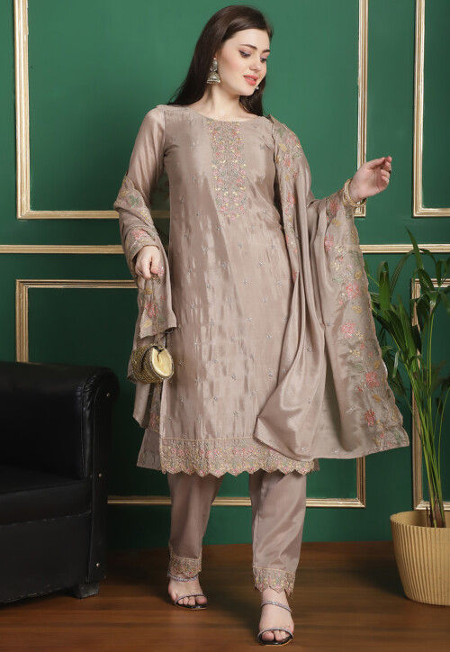 Embroidered Chinon Chiffon Pakistani Suit in Beige