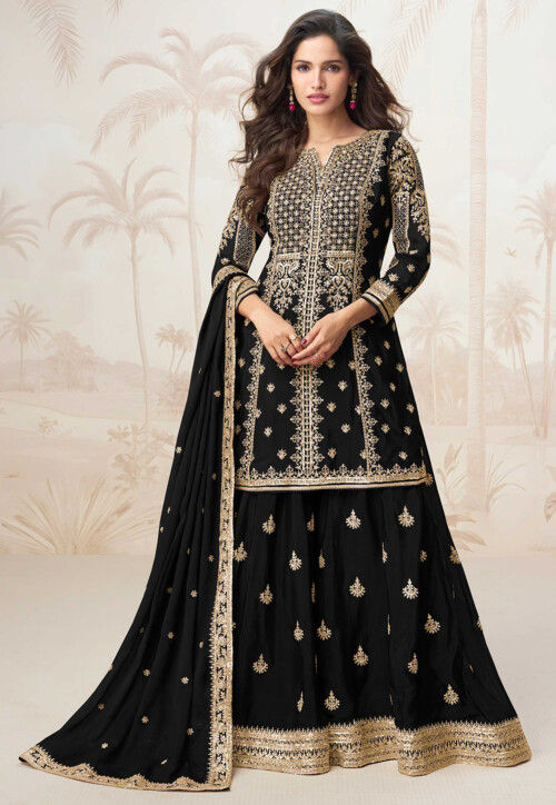 Buy Embroidered Chinon Chiffon Pakistani Suit in Black Online : KCH14763 -  Utsav Fashion