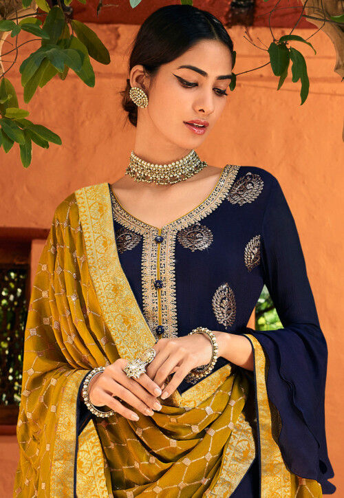 Embroidered Chinon Chiffon Pakistani Suit in Dark Blue