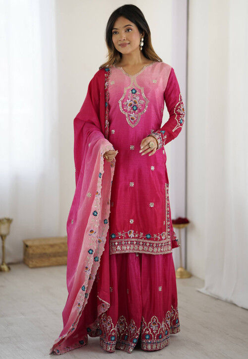 Embroidered Chinon Chiffon Pakistani Suit in Fuchsia Ombre