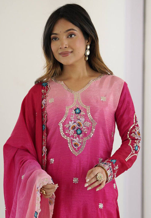 Embroidered Chinon Chiffon Pakistani Suit in Fuchsia Ombre