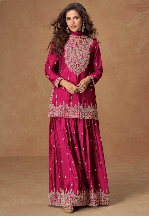 Embroidered Chinon Chiffon Pakistani Suit in Fuchsia