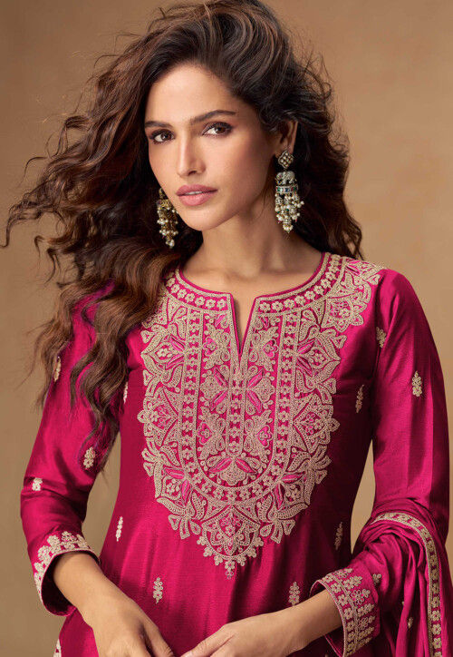 Embroidered Chinon Chiffon Pakistani Suit in Fuchsia