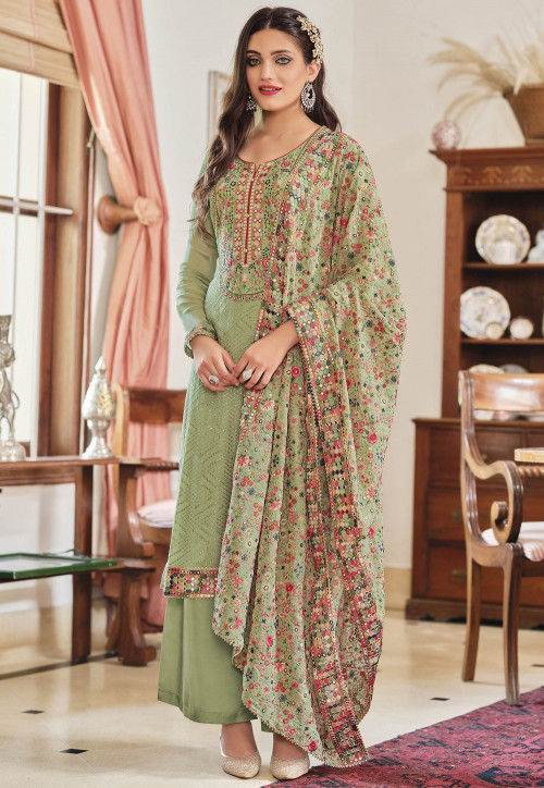 Embroidered Chinon Chiffon Pakistani Suit in Green : KCH7607