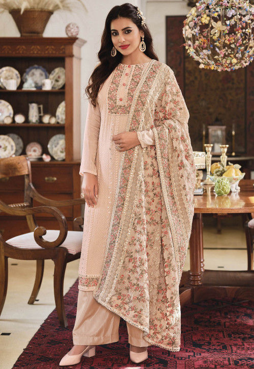 Embroidered Chinon Chiffon Pakistani Suit in Light Beige