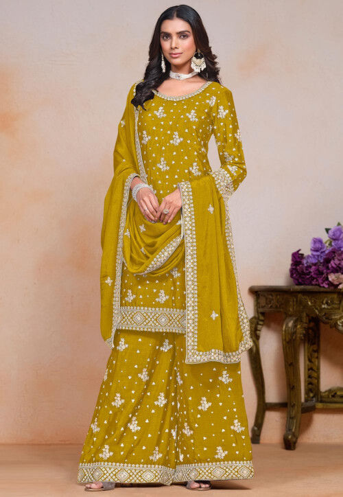 Embroidered Chinon Chiffon Pakistani Suit in Mustard