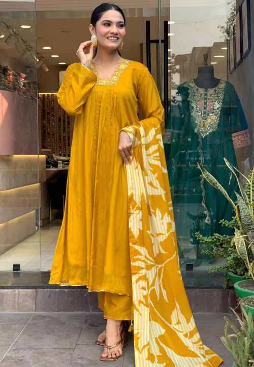Embroidered Chinon Chiffon Pakistani Suit in Mustard