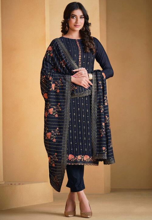 Buy Embroidered Chinon Chiffon Pakistani Suit in Navy Blue Online ...