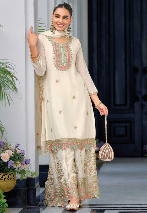 Embroidered Chinon Chiffon Pakistani Suit in Off White